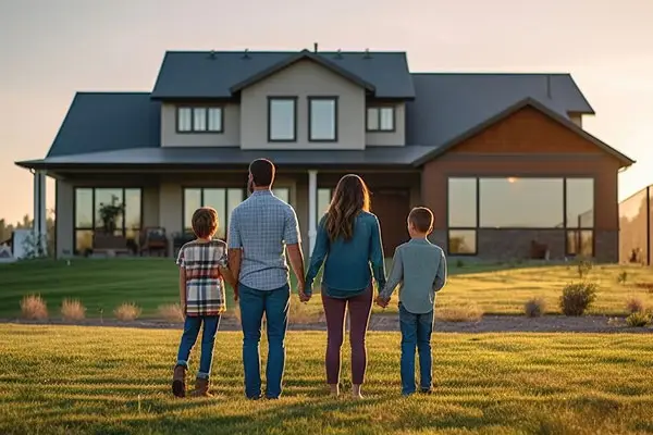 Family standing in front of a home representing buying a home in Temecula, California