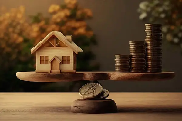Home value estimate concept with house model and coins for Temecula real estate